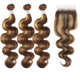 3 Paquets de Tissage + Closure Body Wave | Chatain Méché Blond | P4/27# 13x4 - Miami Hair Shop