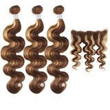 3 Paquets de Tissage + lace Frontal Body Wave | Chatain Méché Blond | P4/27# 13x4 - Miami Hair Shop