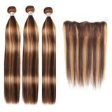 3 Paquets de Tissage + Lace Frontal Straight | Chatain Méché Blond | P4/27# 13x4 - Miami Hair Shop