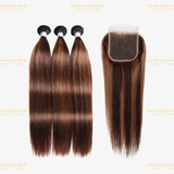 3 Paquets de Tissage + Closure Straight Chatain Méché T1B4/30#