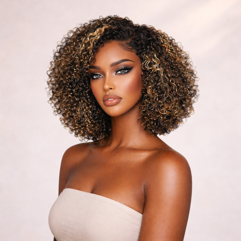 Perruque Courte Bouclée Synthétique Couleur Châtain Méché Doré - Taille Moyenne, Neuve Avec étiquettes