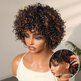 Perruque Pixie Curly à Frange – Brown Highlight Sans Colle