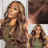 Perruque Body Wave Chatain Méché Blond Sans Colle avec Dentelle Pré-Coupée : Élégance et Simplicité