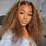 Perruque Kinky Curly Chatain Méché Blond Sans Colle avec Dentelle Pré-Coupée